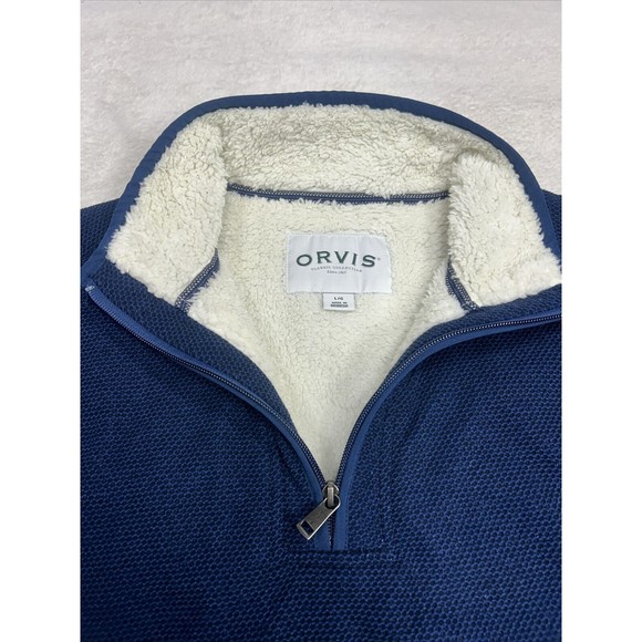 Orvis Pullover Sweater 1/4 Zip Men's Size Large Sherpa Fleece Lined Blue - Picture 3 of 8